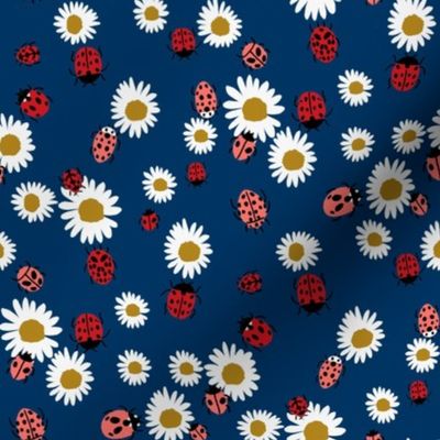 ladybird and daisy fabric - daisies fabric, ladybugs fabric, ladybirds fabric, girls fabric, nursery fabric - navy