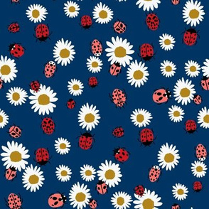 ladybird and daisy fabric - daisies fabric, ladybugs fabric, ladybirds fabric, girls fabric, nursery fabric - navy