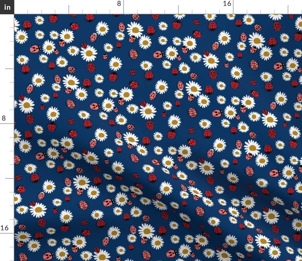 ladybird and daisy fabric - daisies fabric, ladybugs fabric, ladybirds fabric, girls fabric, nursery fabric - navy