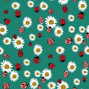 ladybird and daisy fabric - daisies fabric, ladybugs fabric, ladybirds fabric, girls fabric, nursery fabric - green