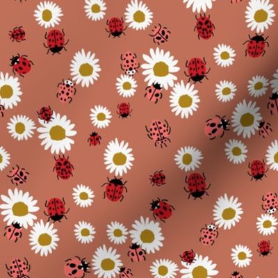 ladybird and daisy fabric - daisies fabric, ladybugs fabric, ladybirds fabric, girls fabric, nursery fabric - terracotta
