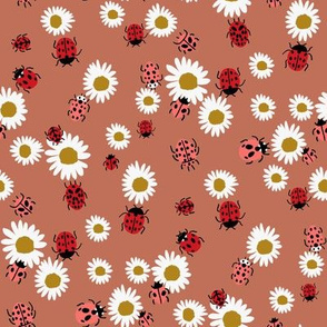 ladybird and daisy fabric - daisies fabric, ladybugs fabric, ladybirds fabric, girls fabric, nursery fabric - terracotta