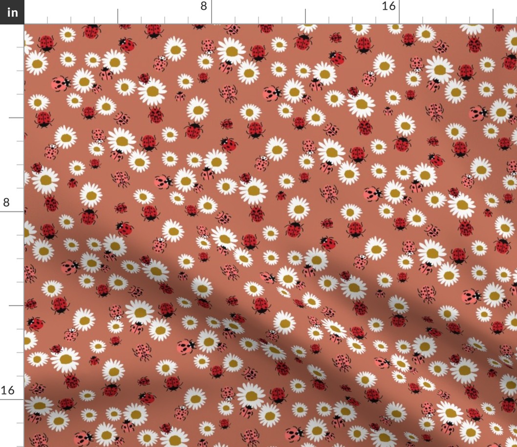 ladybird and daisy fabric - daisies fabric, ladybugs fabric, ladybirds fabric, girls fabric, nursery fabric - terracotta