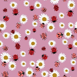 ladybird and daisy fabric - daisies fabric, ladybugs fabric, ladybirds fabric, girls fabric, nursery fabric - mauve