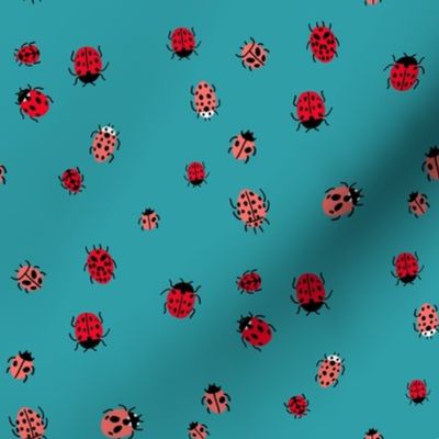 ladybird mini fabric - ditsy ladybird fabric, ladybugs - teal