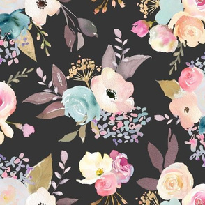 Dusty Pink and Blue Watercolor Floral // Dark Grey