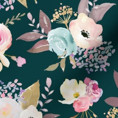 Dusty Pink and Blue Watercolor Floral // Dark Teal