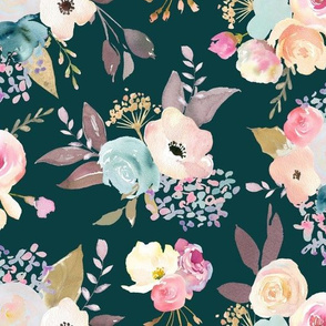 Dusty Pink and Blue Watercolor Floral // Dark Teal