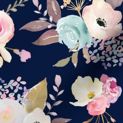 Dusty Pink and Blue Watercolor Floral // Navy
