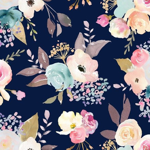 Dusty Pink and Blue Watercolor Floral // Navy