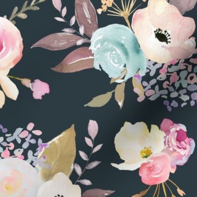 Dusty Pink and Blue Watercolor Floral // Slate 