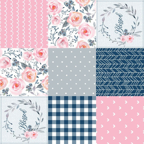 Sophia Blessed Floral Quilt Top – Girls Patchwork Blanket, pink blueberry dolphin gray,  Design A, ROTATED