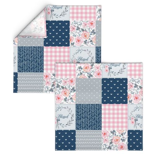 Blessed Floral Quilt Top – Girls Patchwork Blanket, pink blueberry dolphin gray,  Design B