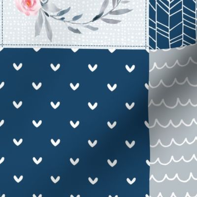 Blessed Floral Quilt Top – Girls Patchwork Blanket, pink blueberry dolphin gray,  Design B