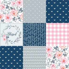 Blessed Floral Quilt Top – Girls Patchwork Blanket, pink blueberry dolphin gray,  Design B