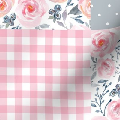 Blessed Floral Quilt Top – Girls Patchwork Blanket, pink blueberry dolphin gray,  Design B, ROTATED