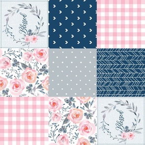 Blessed Floral Quilt Top – Girls Patchwork Blanket, pink blueberry dolphin gray,  Design B, ROTATED