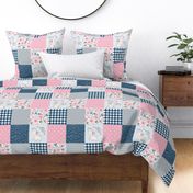Blessed Elephant Floral Quilt Top – Girls Patchwork Blanket, pink blueberry dolphin gray,  Design F