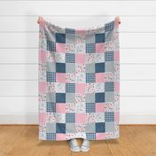 Blessed Elephant Floral Quilt Top – Girls Patchwork Blanket, pink blueberry dolphin gray,  Design F, ROTATED