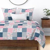 Blessed Elephant Floral Quilt Top – Girls Patchwork Blanket, pink blueberry dolphin gray,  Design F, ROTATED