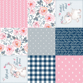 Blessed Elephant Floral Quilt Top – Girls Patchwork Blanket, pink blueberry dolphin gray,  Design F, ROTATED