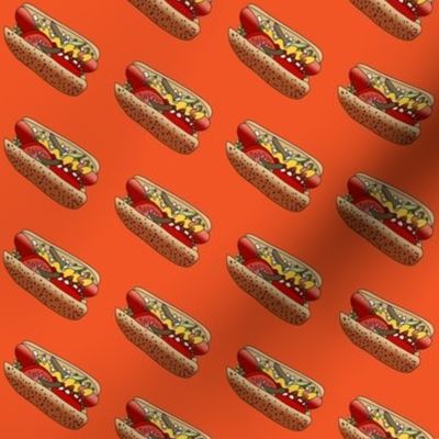 chicago hot dog fabric - windy city fabric, food fabric, hot dogs fabric, chi town fabric, wiener circle fabric - orange