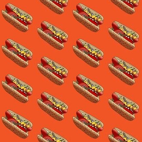 chicago hot dog fabric - windy city fabric, food fabric, hot dogs fabric, chi town fabric, wiener circle fabric - orange
