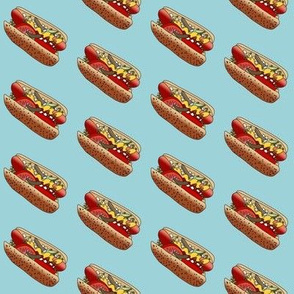 chicago hot dog fabric - windy city fabric, food fabric, hot dogs fabric, chi town fabric, wiener circle fabric - light blue