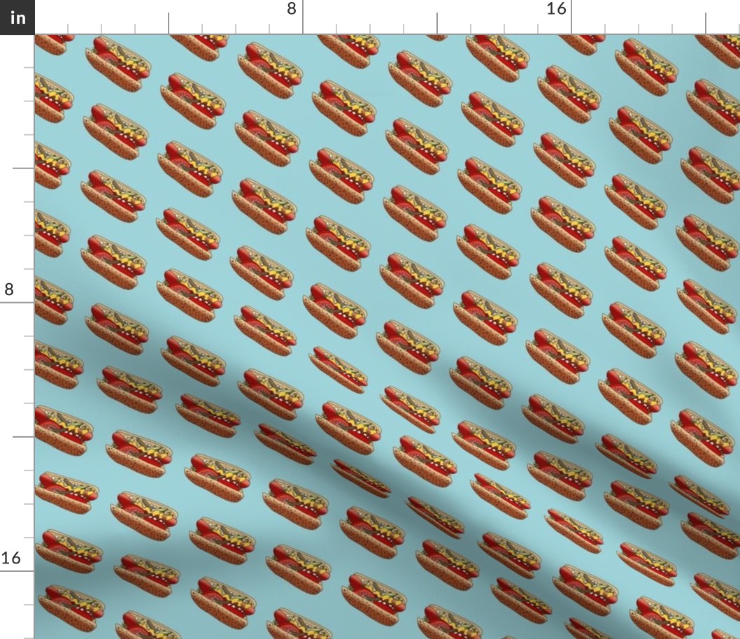 chicago hot dog fabric - windy city fabric, food fabric, hot dogs fabric, chi town fabric, wiener circle fabric - light blue