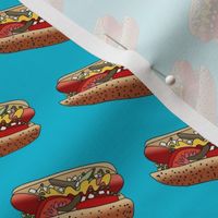 chicago hot dog fabric - windy city fabric, food fabric, hot dogs fabric, chi town fabric, wiener circle fabric -  teal