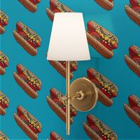 chicago hot dog fabric - windy city fabric, food fabric, hot dogs fabric, chi town fabric, wiener circle fabric -  teal