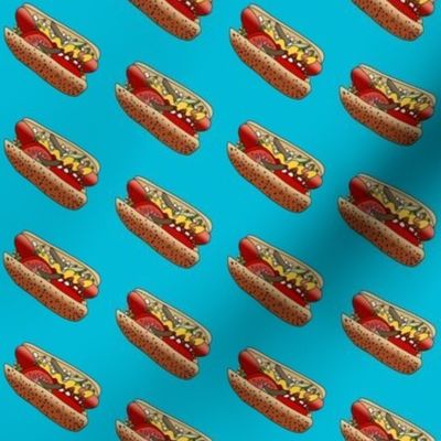 chicago hot dog fabric - windy city fabric, food fabric, hot dogs fabric, chi town fabric, wiener circle fabric -  teal