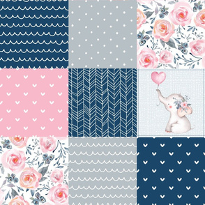 Sophia Floral Quilt Top – Girls Patchwork Blanket w/ Elephant, pink blueberry dolphin gray,  Design D