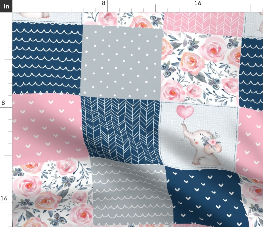 Sophia Floral Quilt Top – Girls Patchwork Blanket w/ Elephant, pink blueberry dolphin gray,  Design D