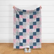 Sophia Floral Quilt Top – Girls Patchwork Blanket w/ Elephant, pink blueberry dolphin gray,  Design D, ROTATED