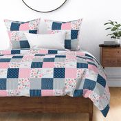 Sophia Floral Quilt Top – Girls Patchwork Blanket w/ Elephant, pink blueberry dolphin gray,  Design D, ROTATED