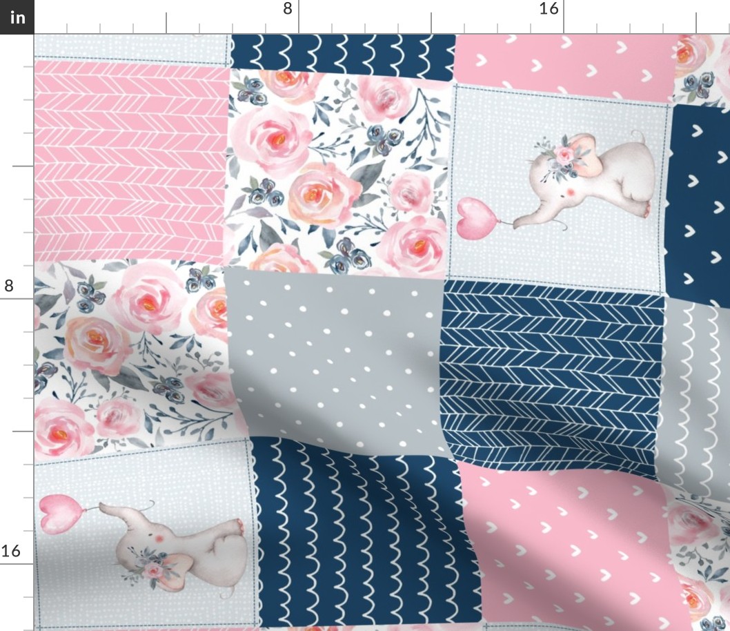 Sophia Floral Quilt Top – Girls Patchwork Blanket w/ Elephant, pink blueberry dolphin gray,  Design D, ROTATED
