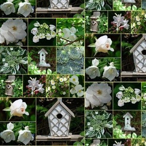 garden bird house and roses in white 