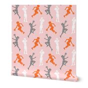 women's basketball players - girls basketball - grey and orange on pink - LAD20