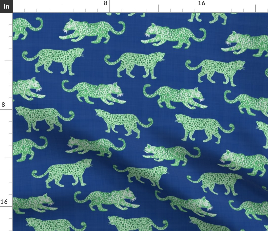 Leopard Parade Deep Blue with Green Fabric | Spoonflower