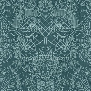 Illustrated French Rococo Jacquard Embroidery - Cheers to New Beginnings -Teal