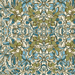 tapestry - soft blue and olive on ivory