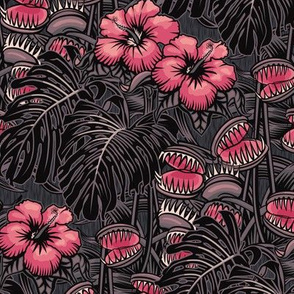 ★ TROPICAL NIGHT ★ Carnivorous Plant, Hibiscus & Monstera / Pink + Grayish Plum, Small Scale / Collection : It’s a Jungle Out There – Savage Hawaiian Prints