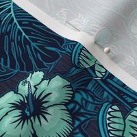 ★ TROPICAL NIGHT ★ Carnivorous Plant, Hibiscus & Monstera / Mint + Blue, Small Scale / Collection : It’s a Jungle Out There – Savage Hawaiian Prints