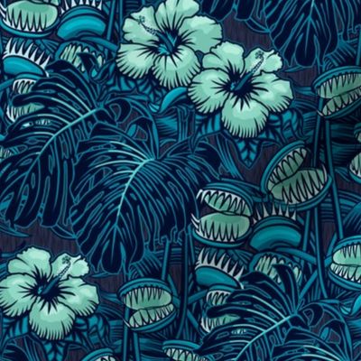 ★ TROPICAL NIGHT ★ Carnivorous Plant, Hibiscus & Monstera / Mint + Blue, Small Scale / Collection : It’s a Jungle Out There – Savage Hawaiian Prints