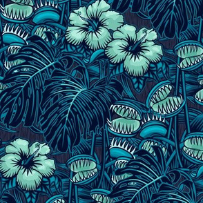 ★ TROPICAL NIGHT ★ Carnivorous Plant, Hibiscus & Monstera / Mint + Blue, Small Scale / Collection : It’s a Jungle Out There – Savage Hawaiian Prints