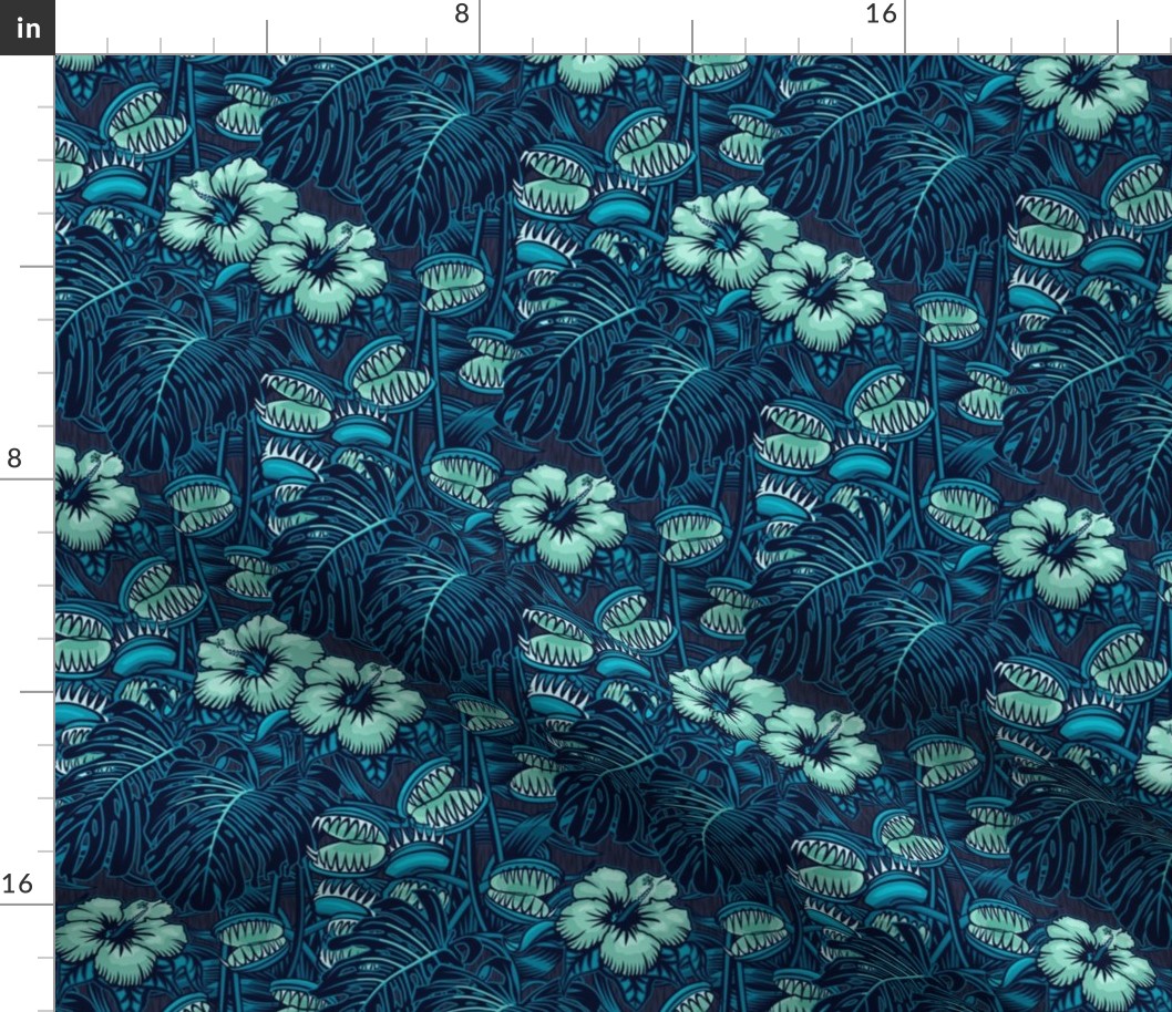 ★ TROPICAL NIGHT ★ Carnivorous Plant, Hibiscus & Monstera / Mint + Blue, Small Scale / Collection : It’s a Jungle Out There – Savage Hawaiian Prints