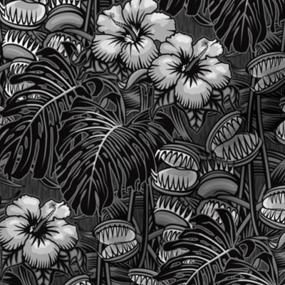 ★ TROPICAL NIGHT ★ Carnivorous Plant, Hibiscus & Monstera / Black and White, Small Scale / Collection : It’s a Jungle Out There – Savage Hawaiian Prints