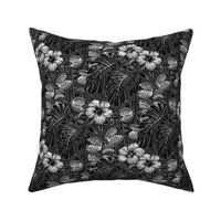 ★ TROPICAL NIGHT ★ Carnivorous Plant, Hibiscus & Monstera / Black and White, Small Scale / Collection : It’s a Jungle Out There – Savage Hawaiian Prints