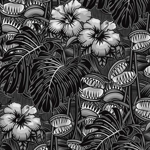 ★ TROPICAL NIGHT ★ Carnivorous Plant, Hibiscus & Monstera / Black and White, Small Scale / Collection : It’s a Jungle Out There – Savage Hawaiian Prints